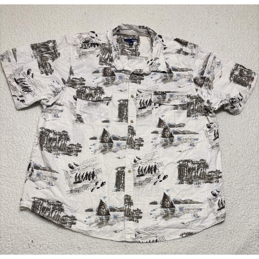 Basic Editions Mens Nautical Button Up Shirt 3XLT White Cotton Sailboat Novelty
